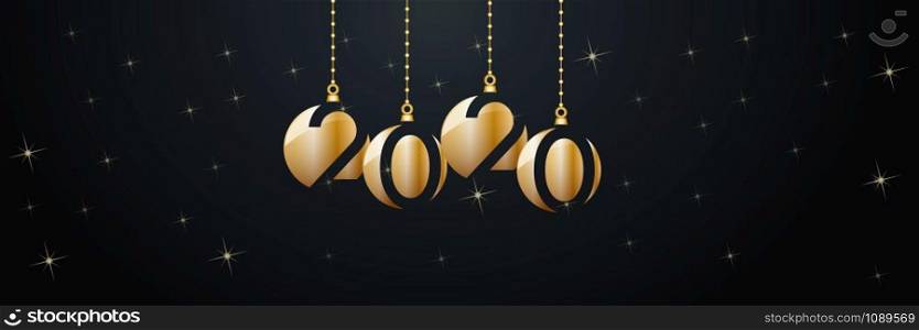 2020 Happy New Year header background. Golden balls and stars, banner
