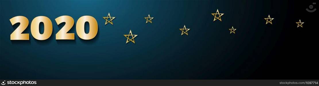 2020 Happy New Year header background, golden stars on blue background