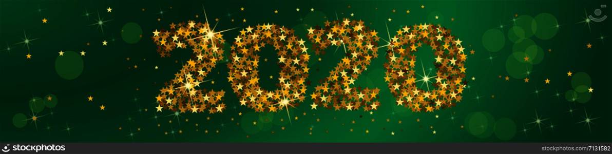 2020 Happy New Year header, golden stars with blurry light. Green background