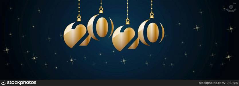 2020 Happy New Year header on blue background. Golden balls and stars, banner