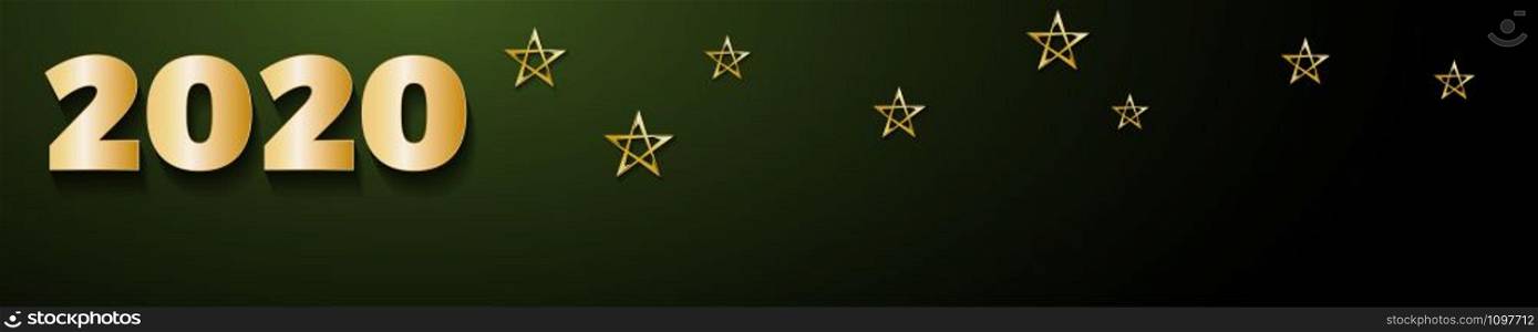 2020 Happy New Year header on green background, golden stars