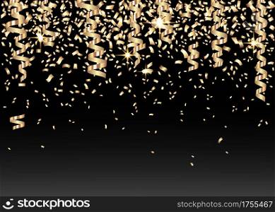 2020 happy New Year or Xmas black background with golden glittering ribbon and confetti. Gold Christmas decor. Decoration for carnival, fiesta, birthday party. Vector winter holiday greeting card.