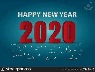 2020 Happy New Year text for greeting card, Silver ribbon, Christmas decoration, Festive poster or banner design. Vector illustration