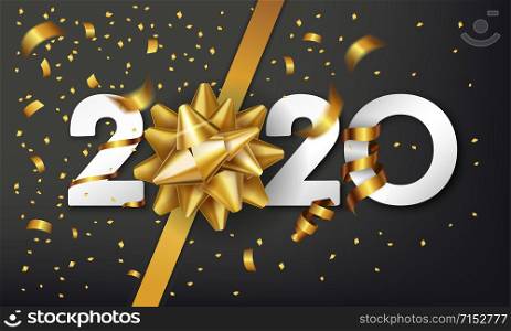 2020 Happy New Year vector background with golden gift bow and confetti. Christmas celebrate design