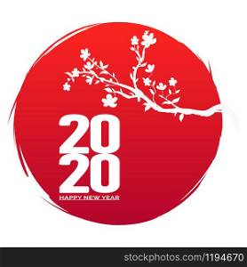 2020 Happy New Year vector illustration. Grunge style flag of Japan icon art. Silhouette blossoms branch sakura flowers on background red sun. Spring and summer tree cherry wedding symbol culture