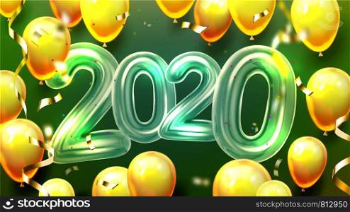 2020 Helium Balloons And Confetti Banner Vector. Fashion Color Air Balloons Foil Ribbon Decoration For Holiday Xmas And Bubbled Green Numbers Two Thousand Twenty Postcard Realistic 3d Illustration. 2020 Helium Balloons And Confetti Banner Vector
