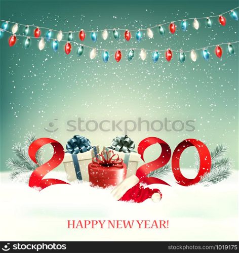 2020 New Year background with gift boxes and colorful garland. Vector.