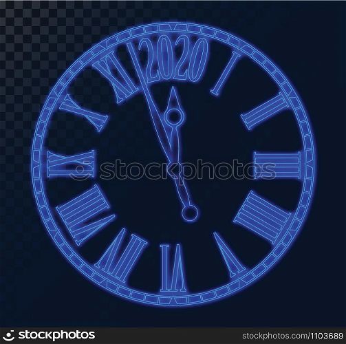 2020 New Year card blue neon futuristic clock transparent background with copy space,illustration