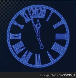 2020 New Year card blue neon futuristic clock transparent background with copy space,illustration