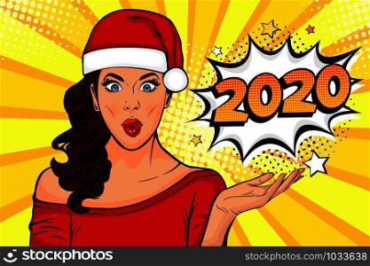 2020 New Year comic book style postcard or greeting card with WOW sexy young girl. Vector illustration in pop art retro comic style.