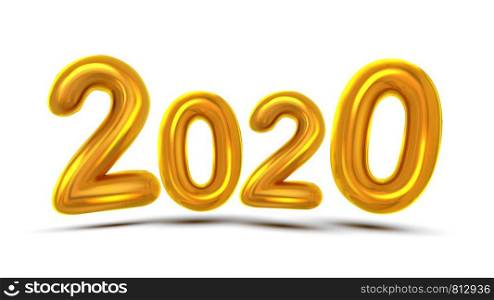 2020 New Year Greeting Card Concept Banner Vector. Glossy Yellow Air Blown Two Thousand Twenty 2020 On White Background. Invitation Xmas Party Creative Template Poster Realistic 3d Illustration. 2020 New Year Greeting Card Concept Banner Vector