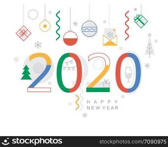 2020 new year minimal banner. Modern design card, poster with geometric shapes, christmas balls and gifts, wishing happy holiday.Great for web, party invitations, flyers, greetings, congratulations.. 2020 new year minimal banner.