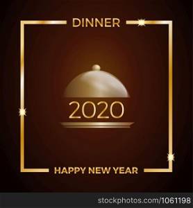 2020, New Year&rsquo;s Eve dinner, template for poster, cover and menu. Vector illustration on orange background