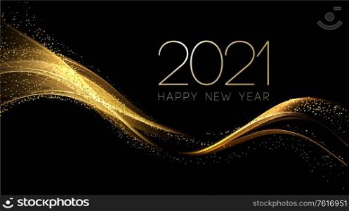 2020 New year with Abstract shiny color gold wave design element and glitter effect on dark background. For Calendar, poster design. 2021 New Year Abstract shiny color gold wave design element