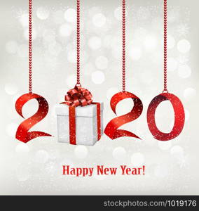 2020 New Years background with gift box and red ribbons. Vector.