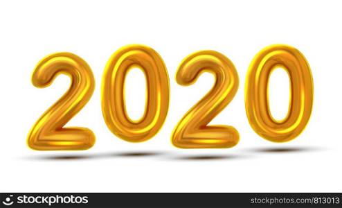 2020 Number New Year Celebration Flyer Vector. Golden Air Blown Two Thousand Twenty 2020 Isolated On White Background. Happy Holiday Shiny Illustration. 2020 Number New Year Celebration Banner Vector
