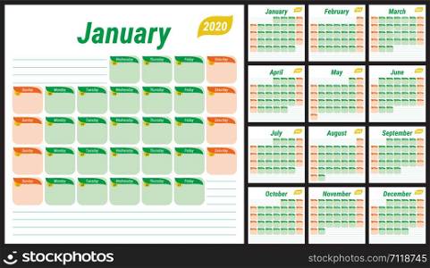 2020 planner. English calendar. Schedule design, diary or to-do list. Green color vector template. Week starts on Sunday. Business planning. New year calender. Table