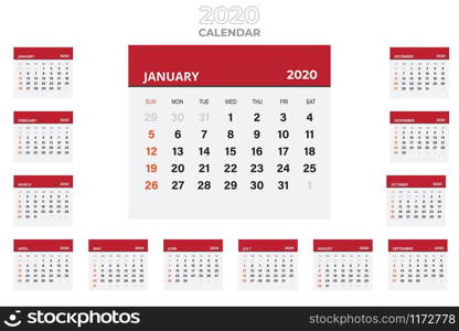 2020 Red Desktop Calendar. Sunday to Saturday