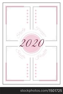 2020 resolution minimalist planner page design. Yearly plan with list for notes and tasks. Lifestyle categories bullet journal printable sheet. Personal organizer. Notebook vector template. 2020 resolution minimalist planner page design