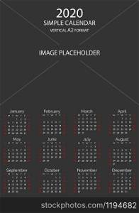 2020 simple vertical calendar grid template with image placeholder. Minimal business black simple clean design. English grid, week starts from sunday