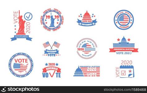 2020 United States of American Presidential Election in November 3. Electoral campaign, agitation, reelection calling banner set vector, flyer. Vote 2020 with USA flag.. 2020 United States of American Presidential Election in November 3. Electoral campaign, agitation, reelection calling banner set vector, flyer. Vote 2020