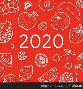 2020. Vector English wall calender cover template. Fruits, berries. Lemon, kiwi, banana, pear, cherry, strawberry, raspberry, watermelon, grapes, apple, pomegranate and mandarin. Hand drawn design. Doodle sketch. Sunday
