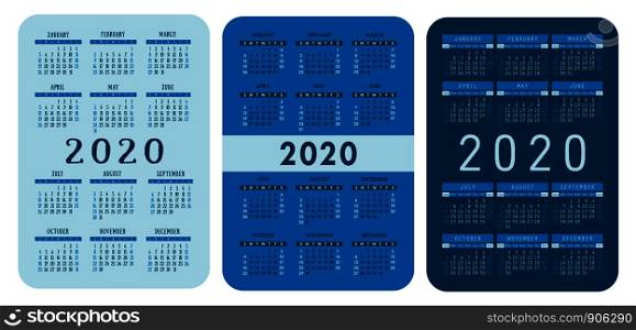 2020 year. Pocket calendar set. Vector design collection. Blue color English calender. Basic grid template for print. Week starts on Sunday