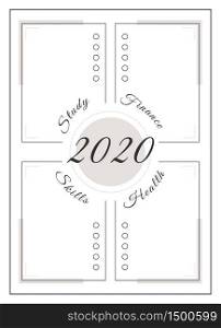 2020 year resolution minimalist planner page design. Annual plan with list for notes and tasks. Lifestyle categories bullet journal printable sheet. Personal organizer. Notebook vector template. 2020 year resolution minimalist planner page design