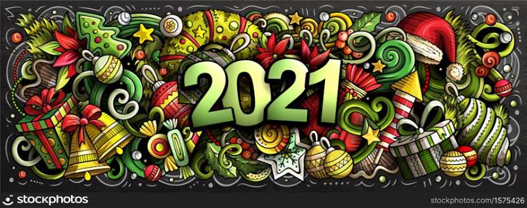 2021 hand drawn doodles horizontal chalkboard illustration. New Year objects and elements poster design. Creative cartoon holidays art background. Colorful vector drawing. 2021 doodles horizontal illustration. New Year objects and elements poster