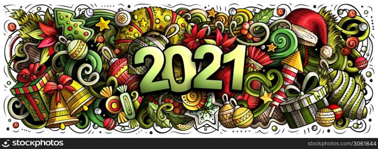 2021 hand drawn doodles horizontal illustration. New Year objects and elements poster design. Creative cartoon holidays art background. Colorful vector drawing. 2021 doodles horizontal illustration. New Year objects and elements poster