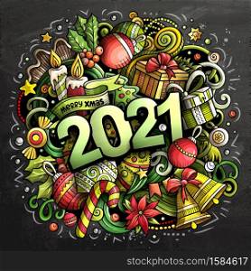 2021 hand drawn doodles illustration. New Year objects and elements poster design. Creative cartoon holidays art background. Colorful vector drawing. 2021 hand drawn doodles illustration. New Year objects and elements poster