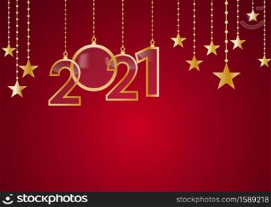 2021 Happy New Year celebrate card with holiday greetings, vector golden hanging text, red background