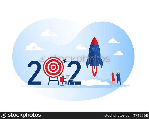  2021 happy new year,People launch spaceship rocket business project start up cocept vector illustrator