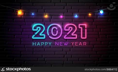 2021 neon light number happy new year colorful bulb light at night banner design on block wall black background, Eps 10 vector illustration