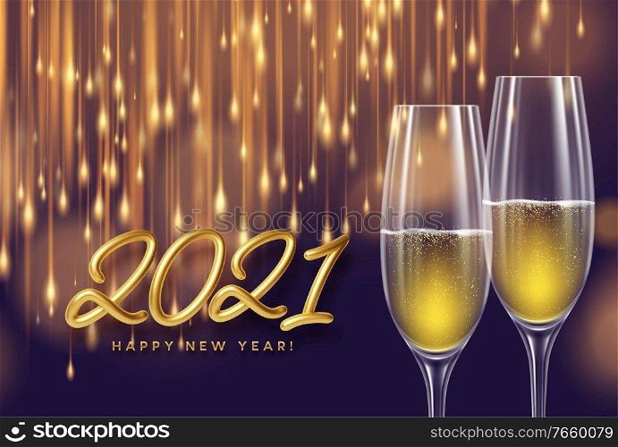 2021 New Year background with a bottle and glasses of ch&agne and glowing bokeh light. Vector illustration EPS10. 2021 Golden lettering New Year background with a bottle and glasses of ch&agne and glowing bokeh light. Vector illustration