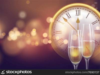2021 New Year background with a clock and glasses of champagne and glowing bokeh light. Vector illustration EPS10. 2021 New Year background with a clock and glasses of champagne and glowing bokeh light. Vector illustration