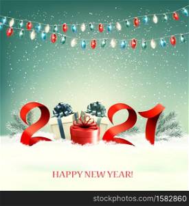 2021 New Year background with gift boxes and colorful garland. Vector.