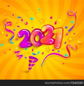 2021 new year greeting banner with inflatable numbers, cracker and confetti on sunburst background. Design template for celebration. Great for invitation flyers, posters, cards. Vector illustration.. 2021 new year greeting banner with cracker.