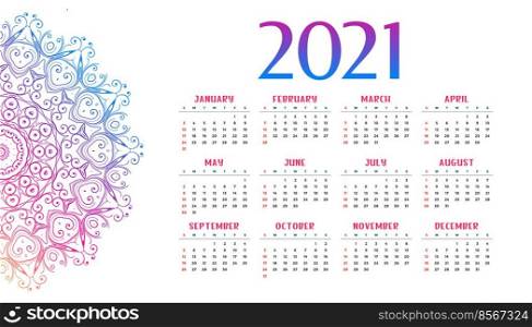 2021 new year mandala style calandar design template