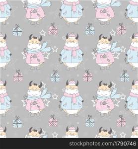 2021 symbol of the year ox. Christmas pattern. Bulls in the snow. Design for wrapping paper, fabric and clothing. Pastel delicate colors.. 2021 symbol of the year ox. Christmas pattern. Bulls in the snow. Design for wrapping paper, fabric and clothing. Pastel delicate colors
