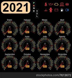 2021 year a calendar speedometer car in Spanish.. 2021 a year calendar speedometer car in Spanish
