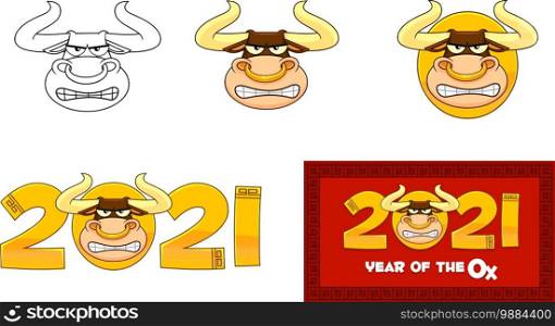 2021 Year Of The Ox Numbers With Bull Face Cartoon Character. Vector Collection Set Isolated On White Background