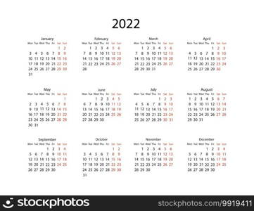 2022 calendar. Business organizer planner design. Vector illustration