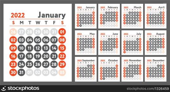 2022 calendar. New year planner design. English calender. Red color vector template. Week starts on Sunday. Business planning.