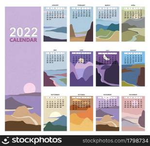 2022 Calendar Planner abstract minimalist contemporary landscape natural backgrounds. Monthly template for diary business. Week Starts Sunday. Vector isolated illustration. 2022 Calendar Planner abstract minimalist contemporary landscape natural backgrounds. Monthly template for diary business. Week Starts Sunday. Vector isolated