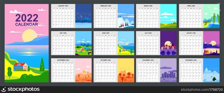 2022 Calendar Planner minimalistic landscape natural backgrounds of four seasons. Winter, Spring, Summer, Autumn. Monthly template for diary business. Week Starts Sunday. Vector isolated illustration. 2022 Calendar Planner minimalistic landscape natural backgrounds of four seasons. Winter, Spring, Summer, Autumn. Monthly template for diary business. Week Starts Sunday. Vector isolated