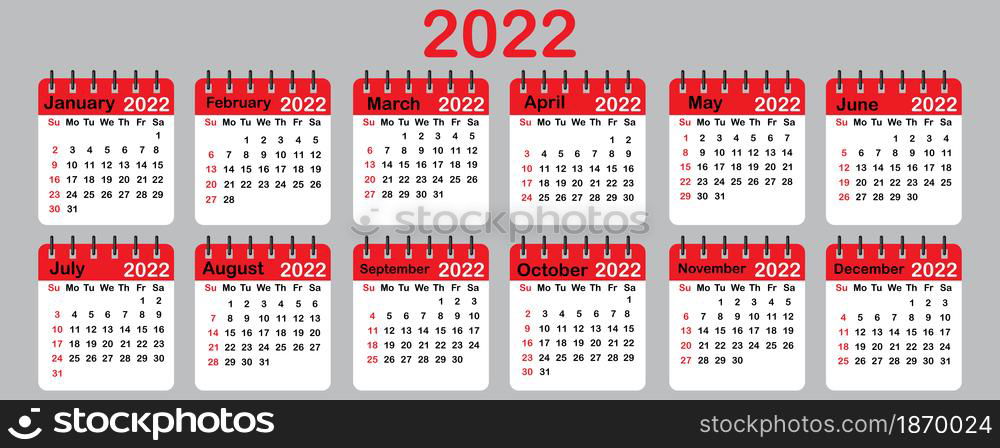 2022 calendar. Red page on spiral. Lilac background. Flat template. Planner diary. Vector illustration. Stock image. EPS 10.. 2022 calendar. Red page on spiral. Lilac background. Flat template. Planner diary. Vector illustration. Stock image.