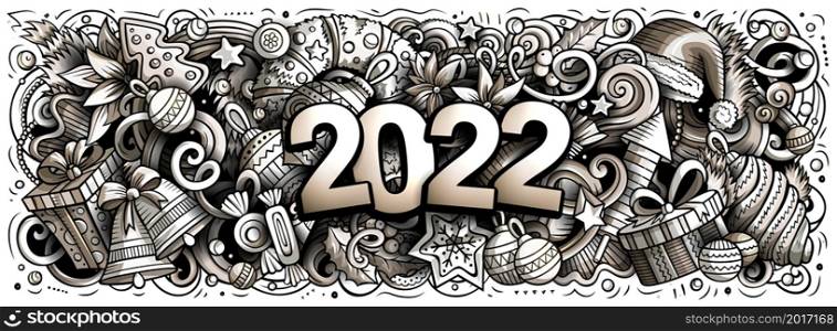 2022 hand drawn doodles horizontal illustration. New Year objects and elements poster design. Creative cartoon holidays art background. Monochrome vector drawing. 2022 doodles horizontal illustration. New Year objects and elements poster