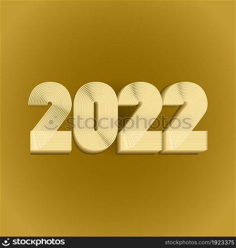 2022 Happy New Year. Abstract geometric cover design background. 3d dimensional 2022 numbers in thin lines striped style vector illustration. Annual Report, banner, brochure, label. Golden yellow