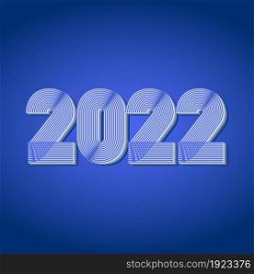 2022 Happy New Year. Abstract geometric cover design background. 3d dimensional 2022 numbers in thin lines striped style vector illustration. Annual Report, banner, brochure, label. Neon blue colors